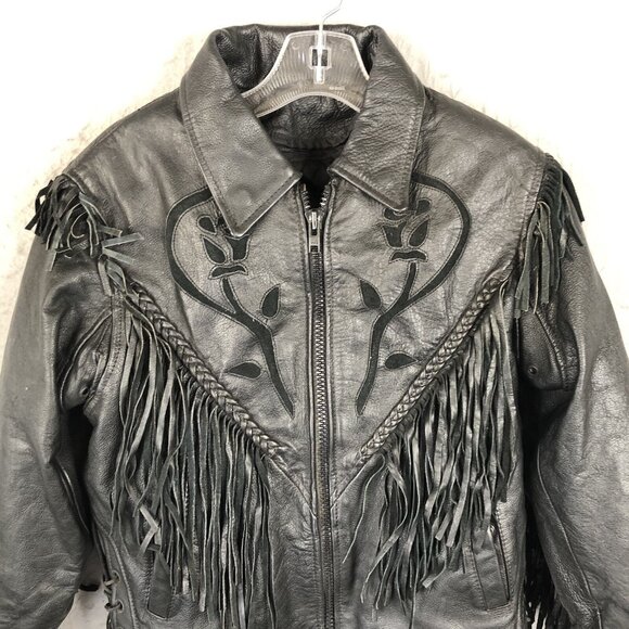 Black Leather Jacket Womens M Moto Fringe Scrolls Braids Biker Whimsigoth Rock - Picture 3 of 16